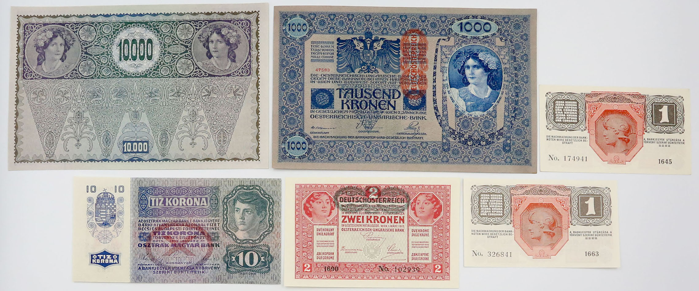 Austria. 1, 2, 10, 1000, 10.000 koron, zestaw 6 sztuk